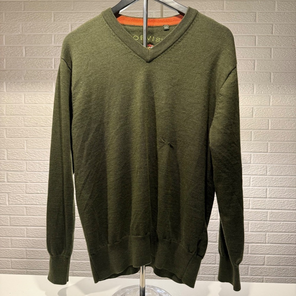 Orvis Mens V-Neck Sweater Long Sleeve Green Knit Pullover Fly Fishing